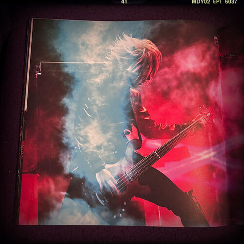Bassist Reita on stage playing with red light in the background and some fume-like blueish layer over him.